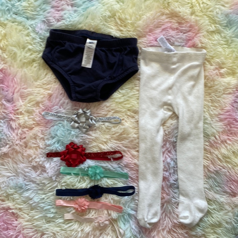 Lot of baby girl headbands, sweater tights 18m, and navy bloomer 18m